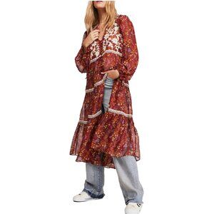 Free People, Call On Me Embroidered Maxi Top, Merlot Combo, Size XS, NWT